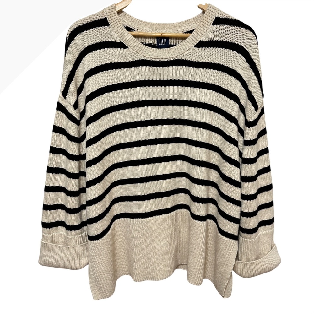 GAP 100% Cotton Striped Oversized Sweater Womens XL Cream Black Cotton Nautical